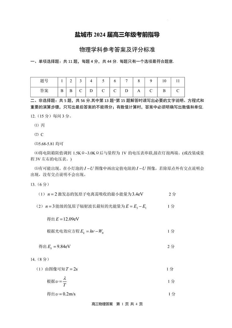 2024届江苏盐城高三下学期5月考前指导物理答案第1页