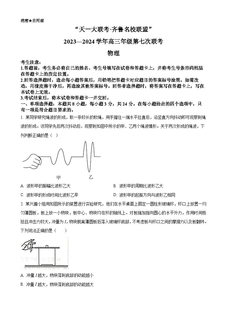 山东省齐鲁名校联盟2023-2024学年高三下学期4月月考物理试题（学生版）第1页