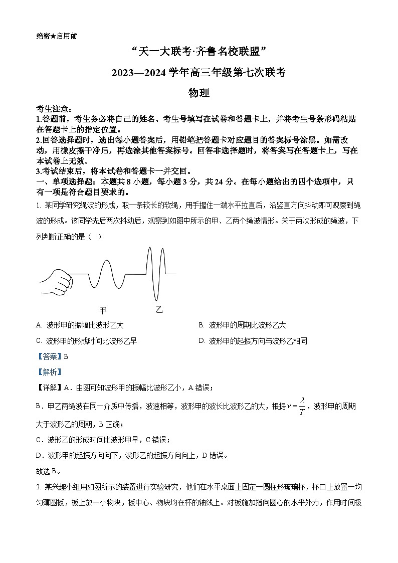 山东省齐鲁名校联盟2023-2024学年高三下学期4月月考物理试题（教师版）第1页