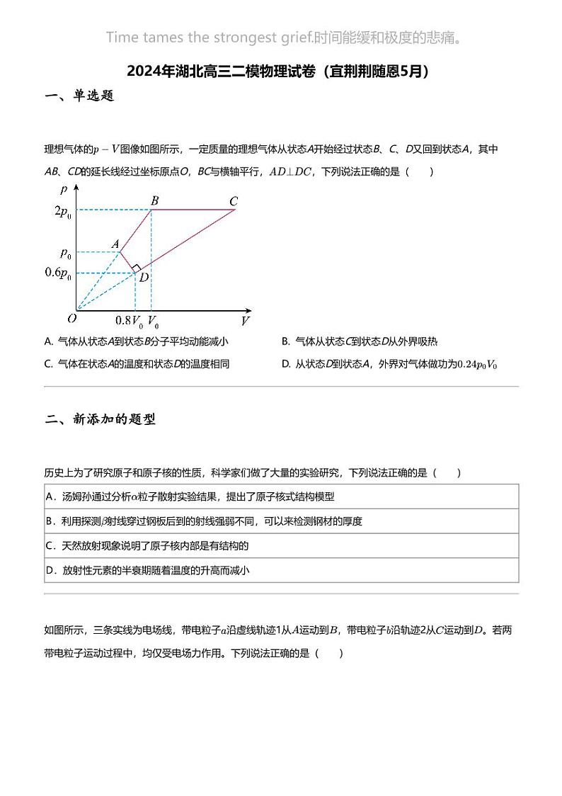 2024年湖北高三二模物理试卷（宜荆荆随恩5月）（无答案）01