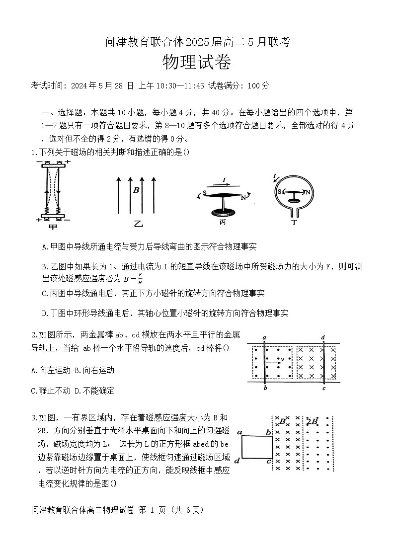 2024武汉新洲区问津联合体高二下学期5月月考物理试题含答案01