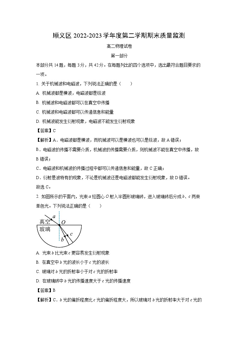 北京市顺义区2022-2023学年高二下学期期末质量监测物理试卷（解析版）01
