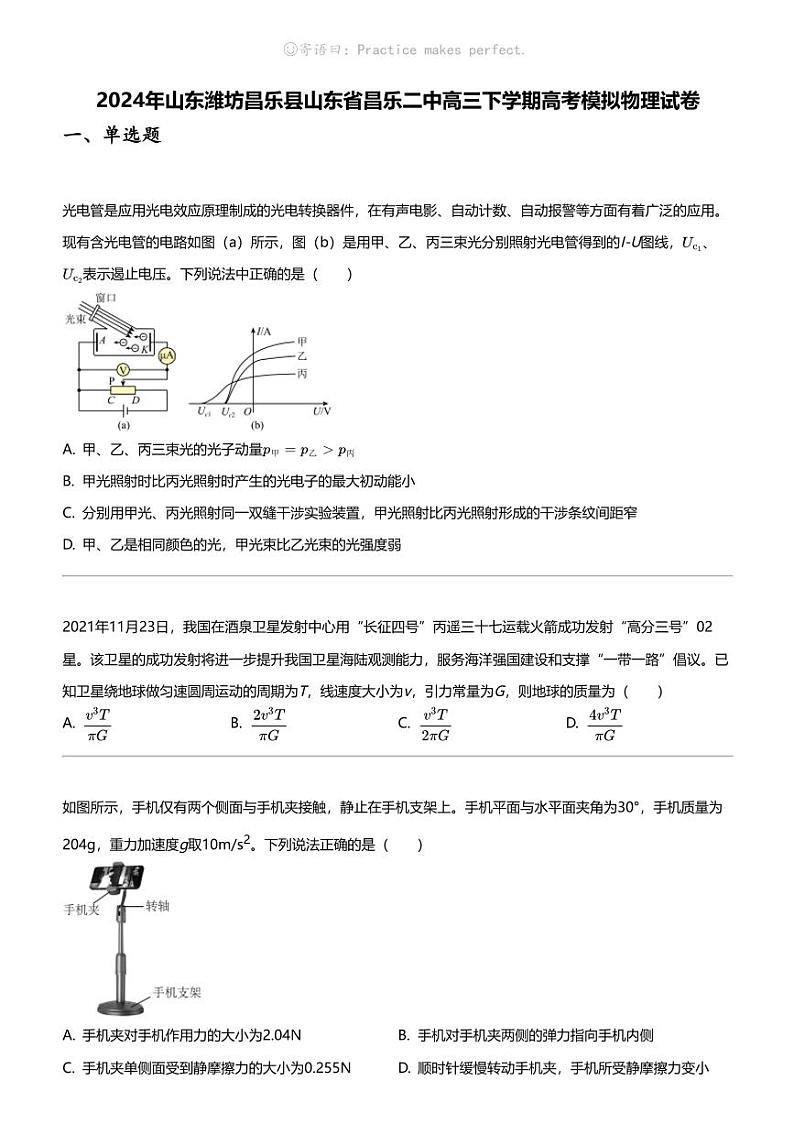 2024年山东潍坊昌乐县山东省昌乐二中高三下学期高考模拟物理试卷01