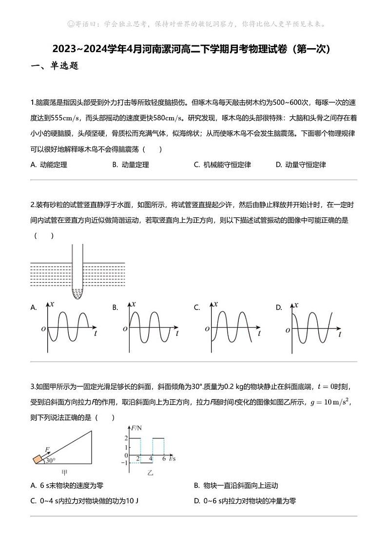 2023_2024学年4月河南漯河高二下学期月考物理试卷（第一次）第1页