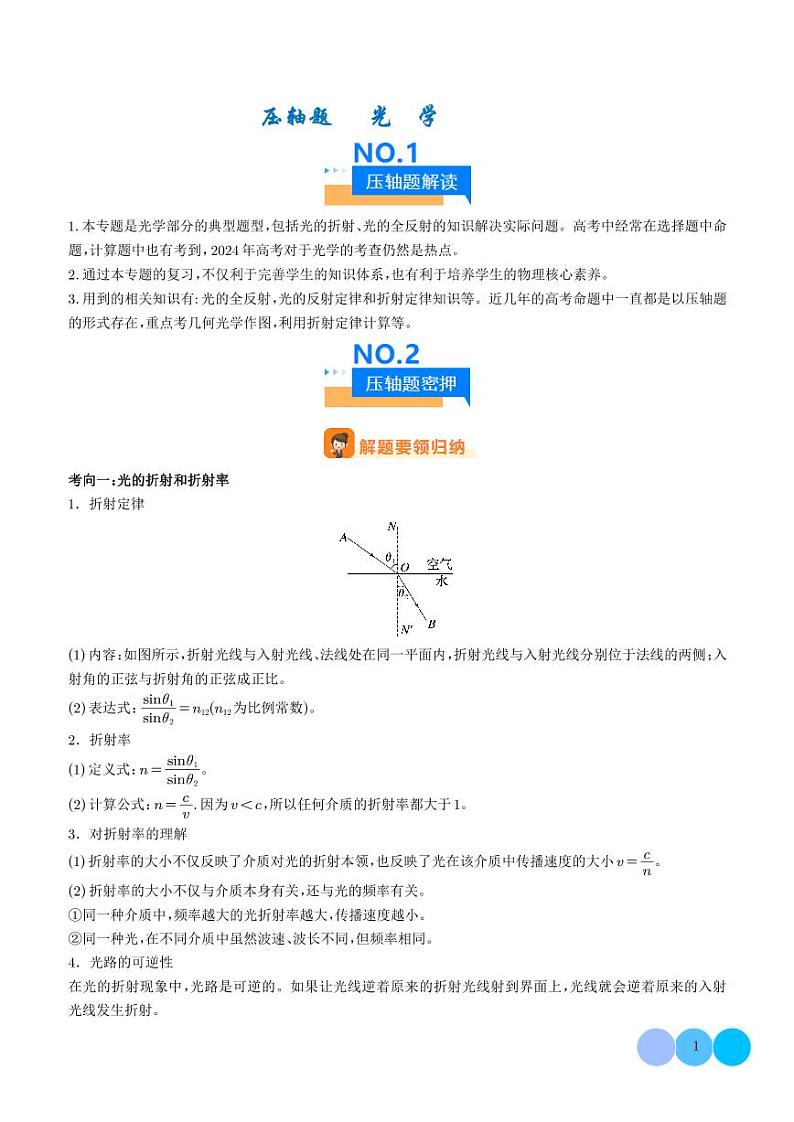2024年高考物理二轮复习 压轴题  光学（原卷版+含解析）01