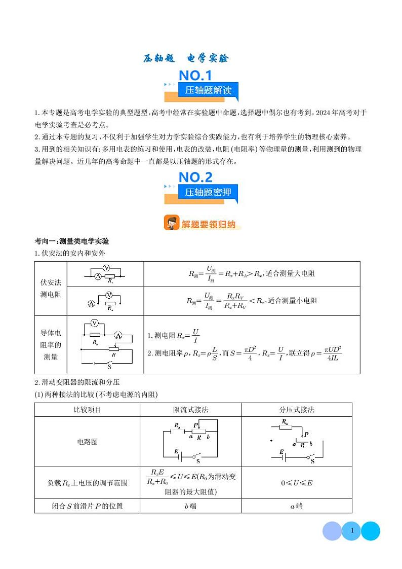 2024年高考物理二轮复习 压轴题  电学实验（原卷版+含解析）01