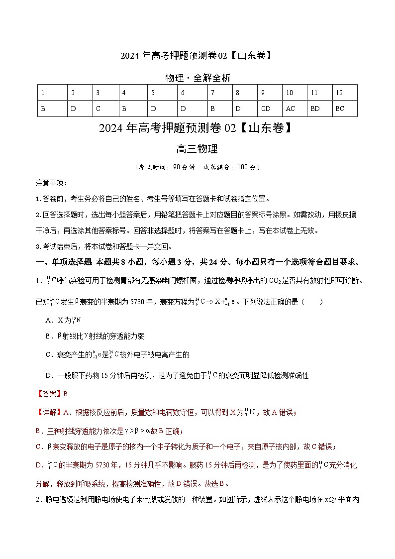 物理（山东卷02）（全解全析）第1页