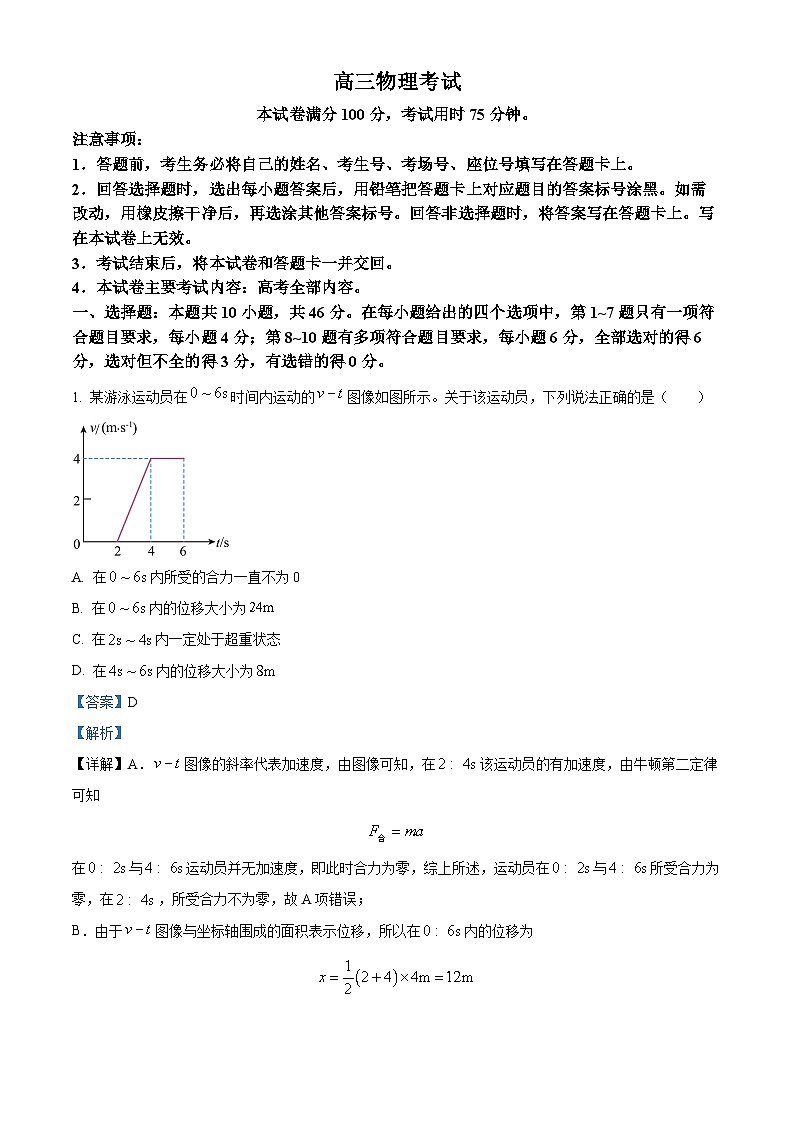 2024届江西省部分学校高三下学期6月适应性考试物理试题（学生版+教师版）01