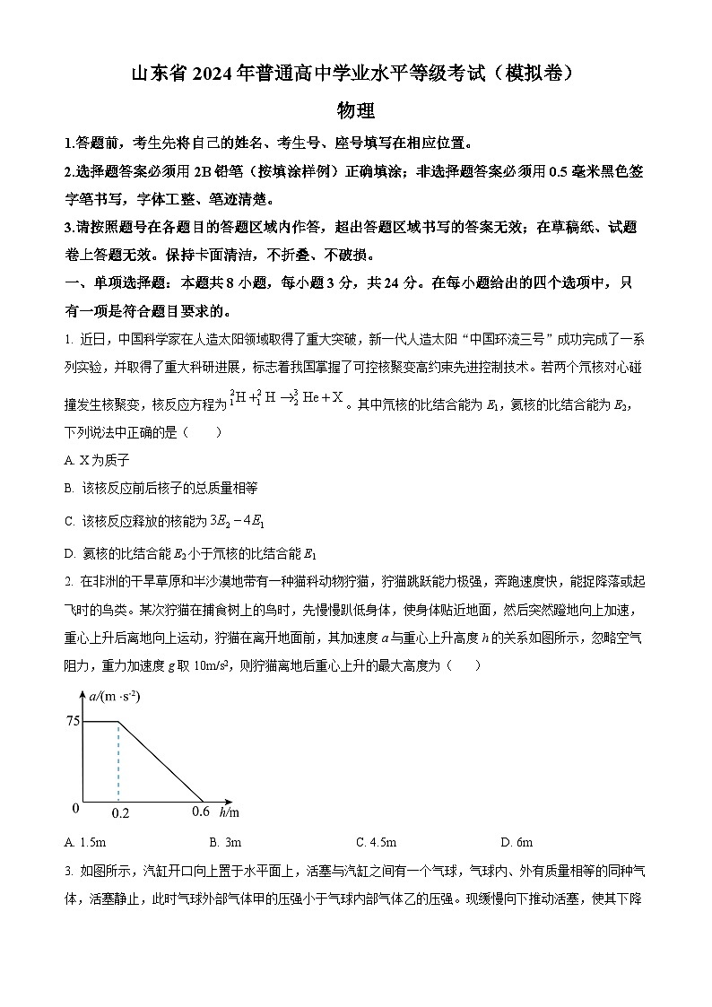 2024届山东省烟台市招远市2023-2024学年高三下学期三模物理试题（学生版+教师版）01