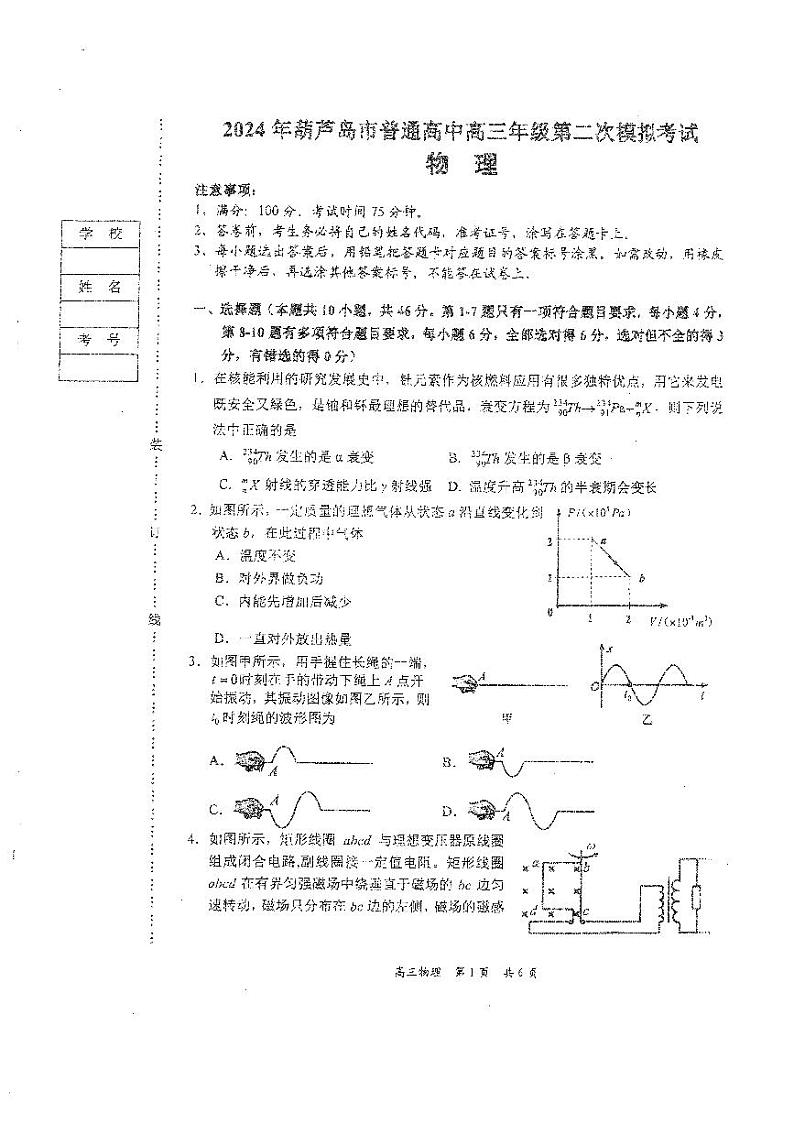 辽宁省葫芦岛市2024届高三下学期第二次模拟考试 物理 PDF版含答案第1页