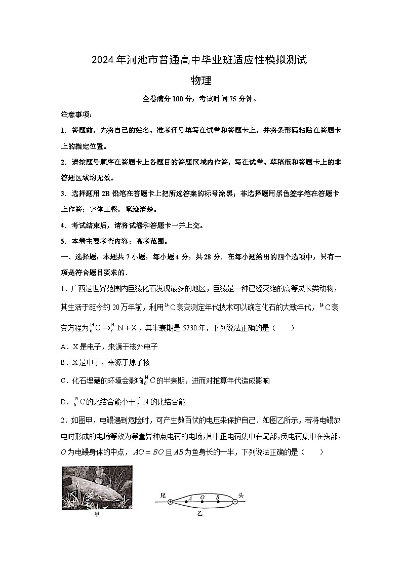 物理：广西河池市2024届高三下学期二模试题（解析版）01