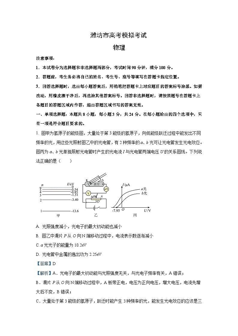物理：山东省潍坊市2024届高三下学期二模考试卷（解析版）第1页