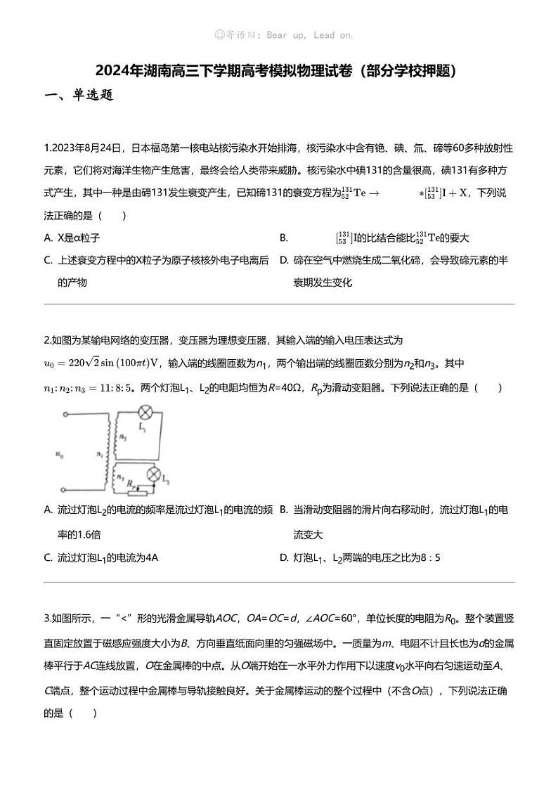 2024年湖南高三下学期高考模拟物理试卷（部分学校押题）第1页