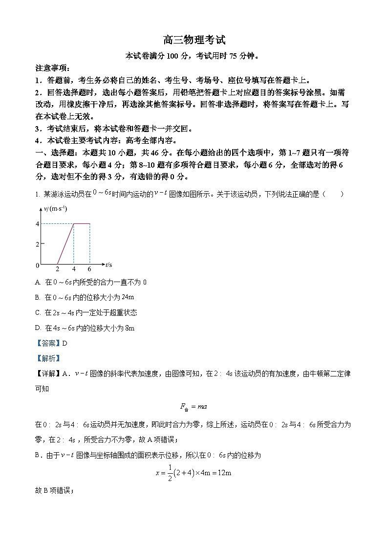 江西省部分学校2024届高三下学期6月适应性考试物理试卷（Word版附解析）01