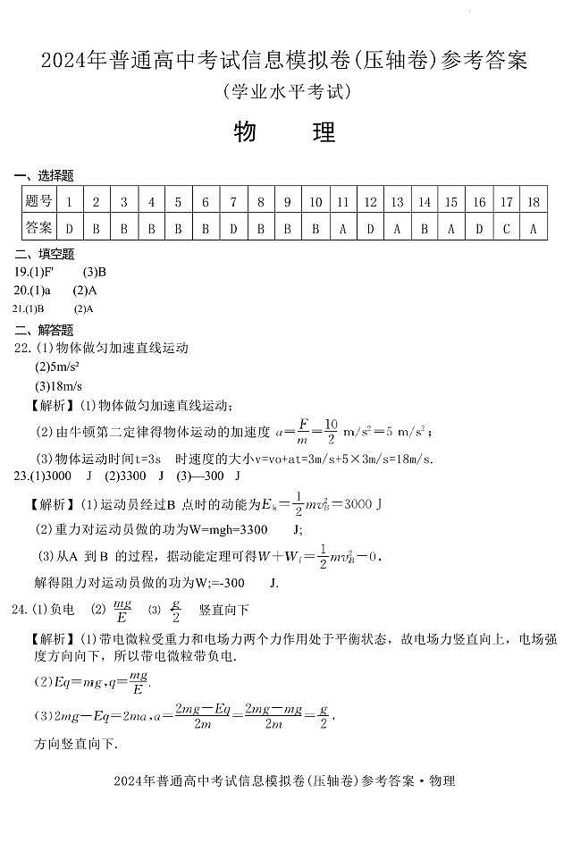 2024年湖南省高二下学期学业水平考试物理试题01