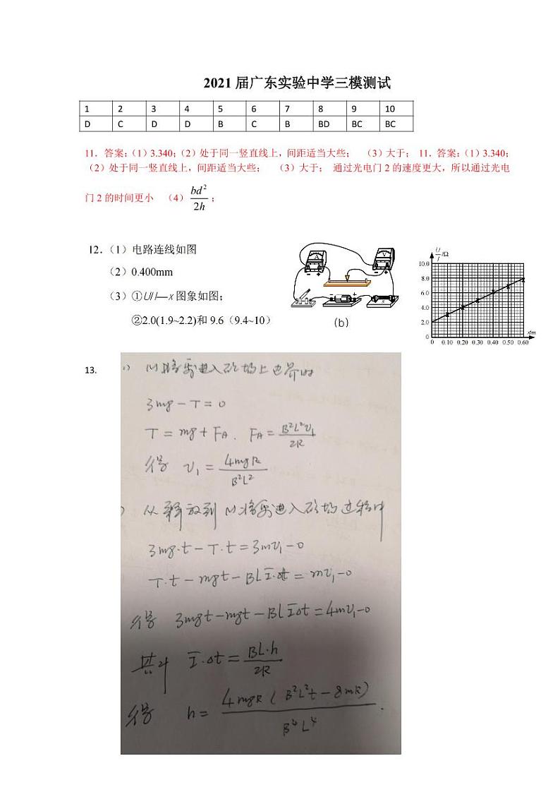 2021届广东省实验中学高三考前热身训练物理答案第1页