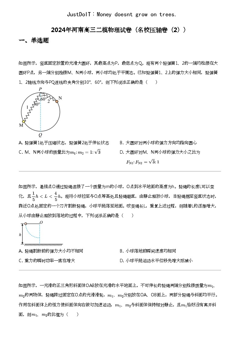 2024年河南高三二模物理试卷（名校压轴卷（2））01