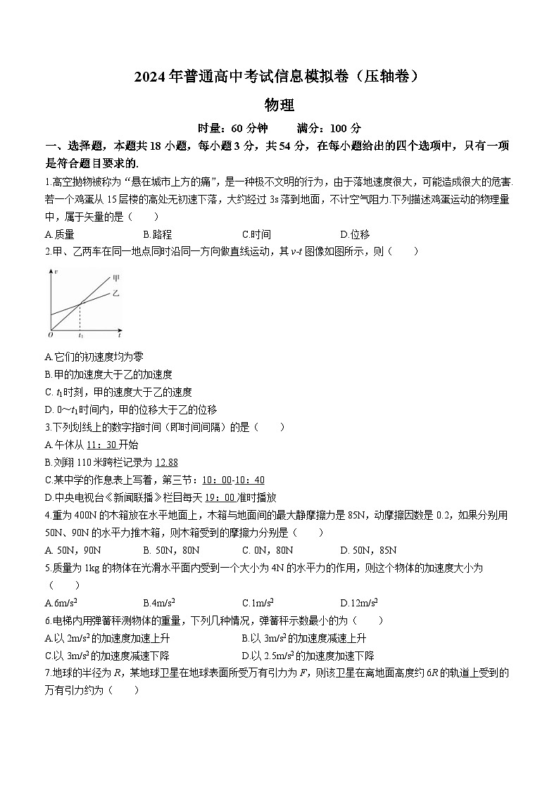 2024年湖南省高二下学期学业水平考试物理试题（含答案）第1页