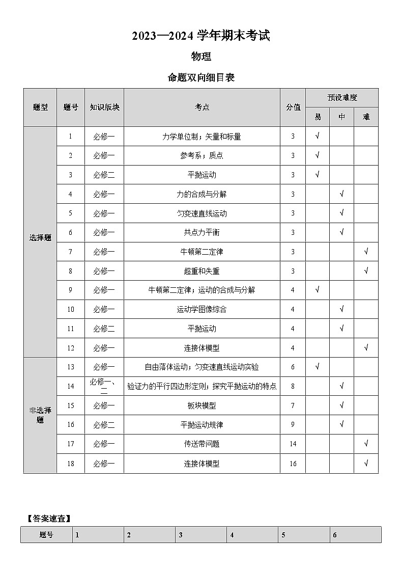 山东省齐河县第一中学2023-2024学年高一上学期期末物理试卷01