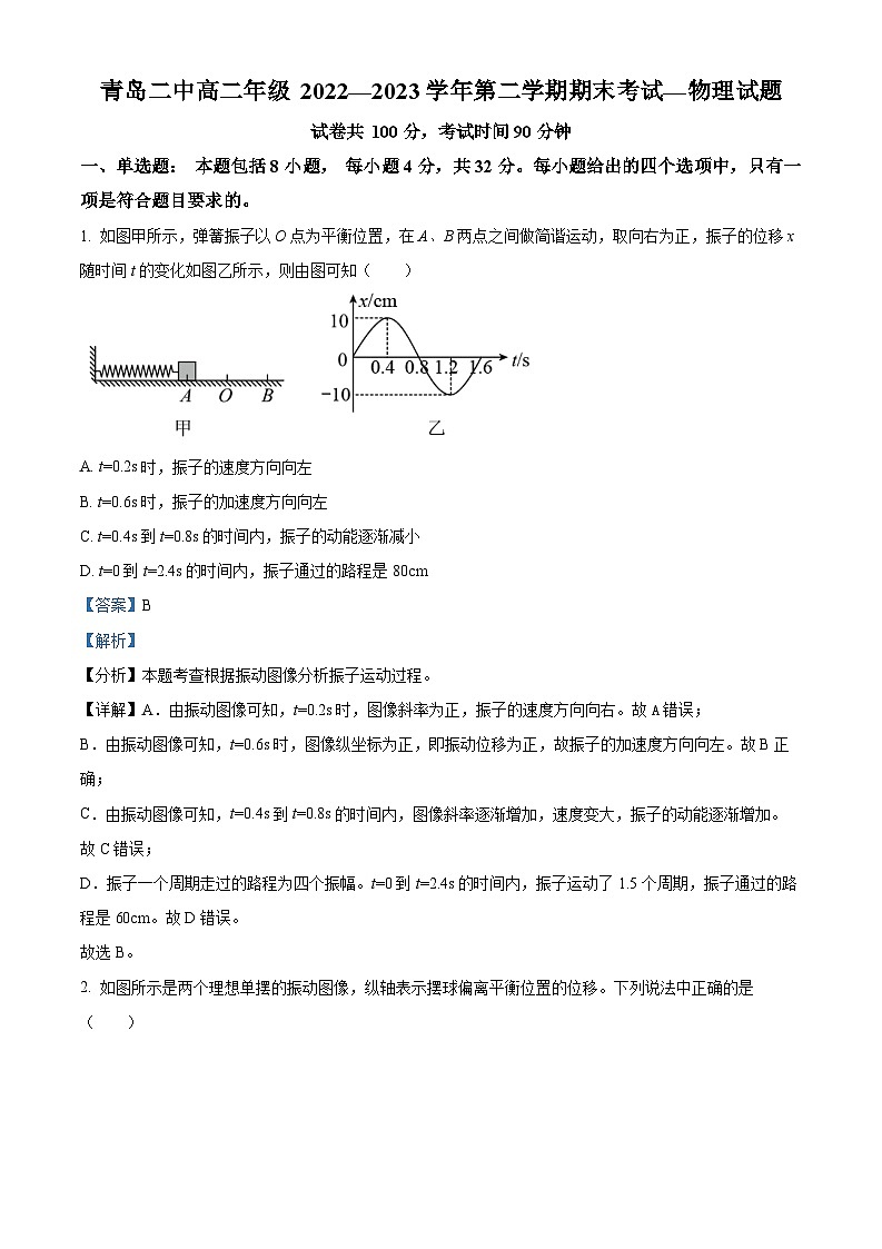 精品解析：山东省青岛第二中学2022-2023学年高二下学期期末物理试题（原卷版+解析版）01
