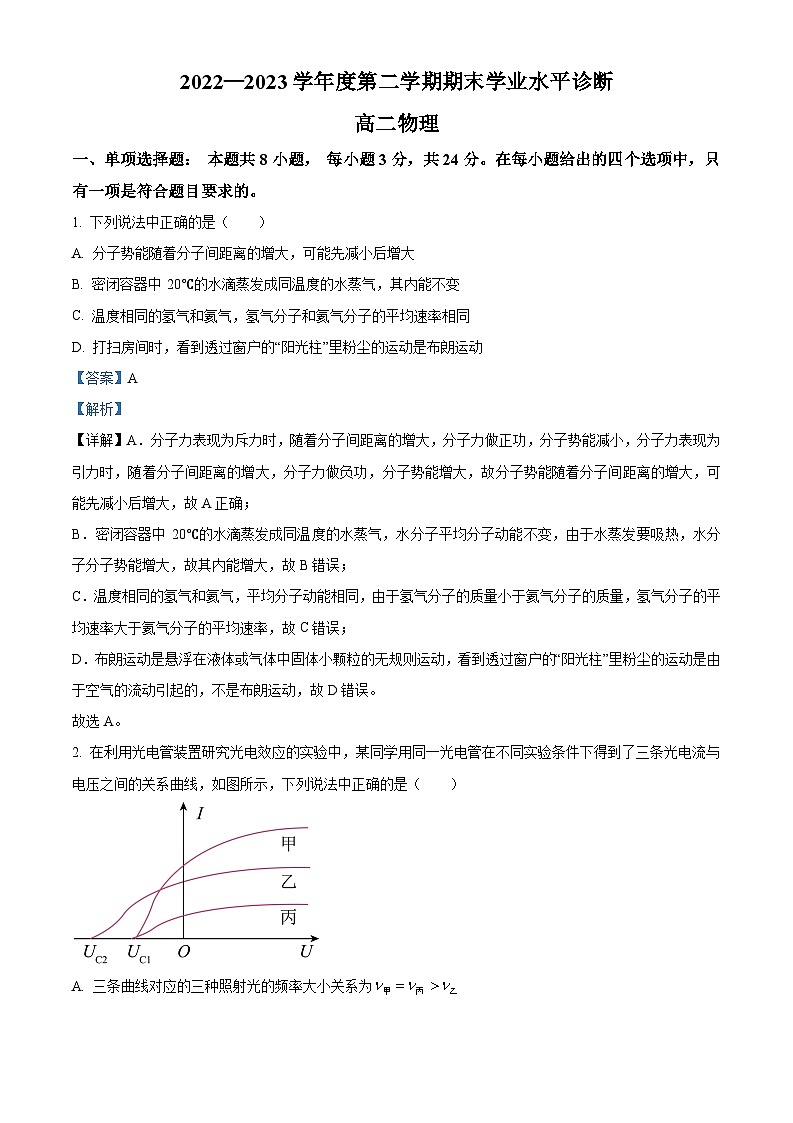 精品解析：山东省烟台市2022-2023学年高二下学期期末物理试题（原卷版+解析版）01