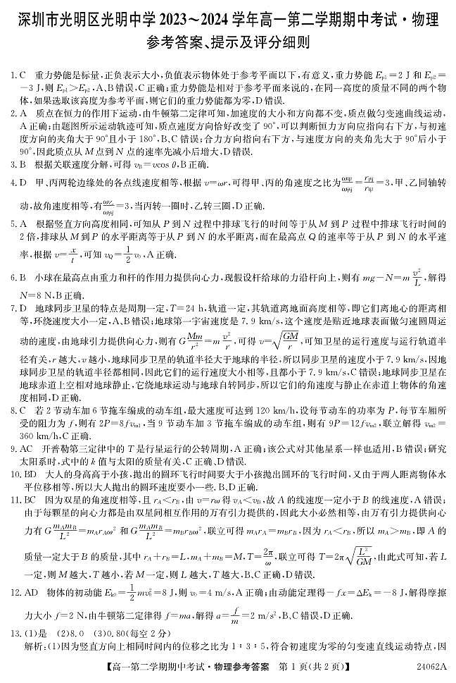 24062A深圳光明中学-物理答案第1页