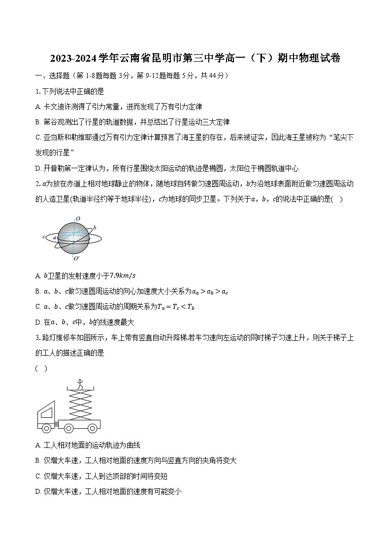 2023-2024学年云南省昆明市第三中学高一（下）期中物理试卷（含解析）01