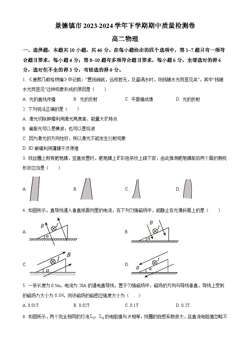 江西省景德镇市2023-2024学年高二下学期4月期中考试物理试题（Word版附解析）01