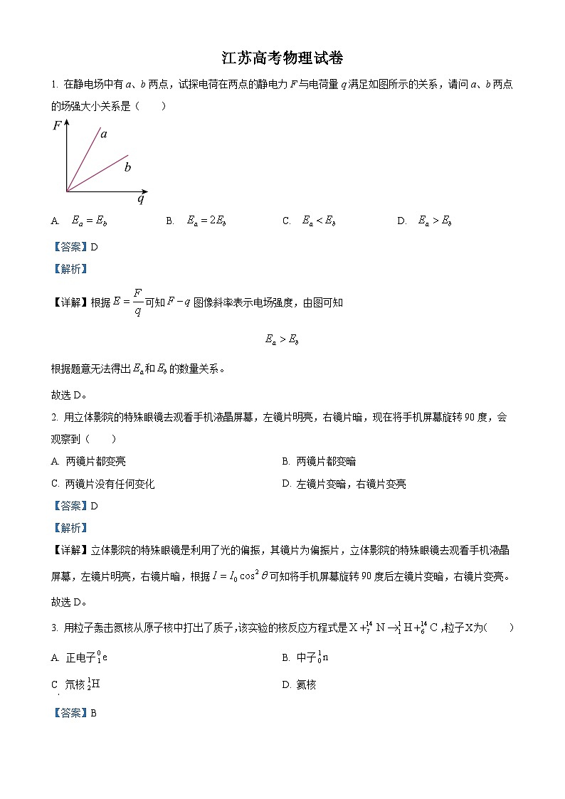2024年高考真题：高考江苏卷物理试卷（网络回忆版）缺第8题、第16题（解析版）01