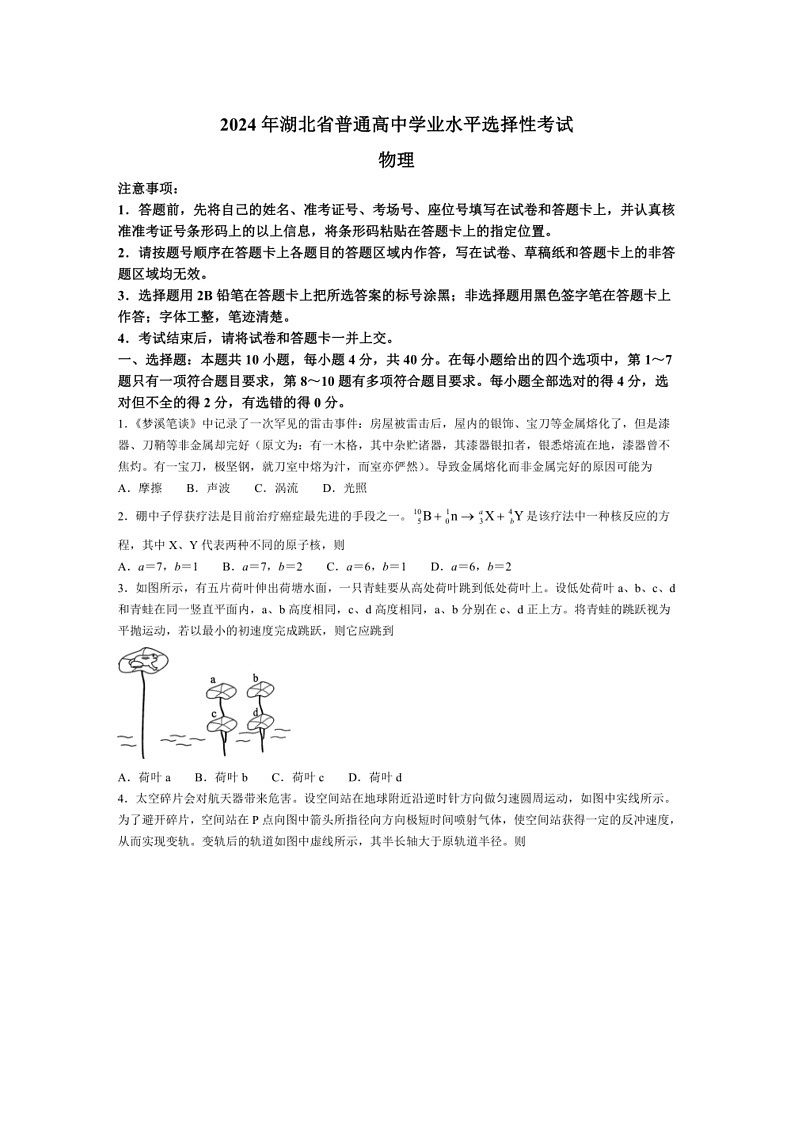 [物理]2024年新高考湖北物理高考真题文档版（无答案）01
