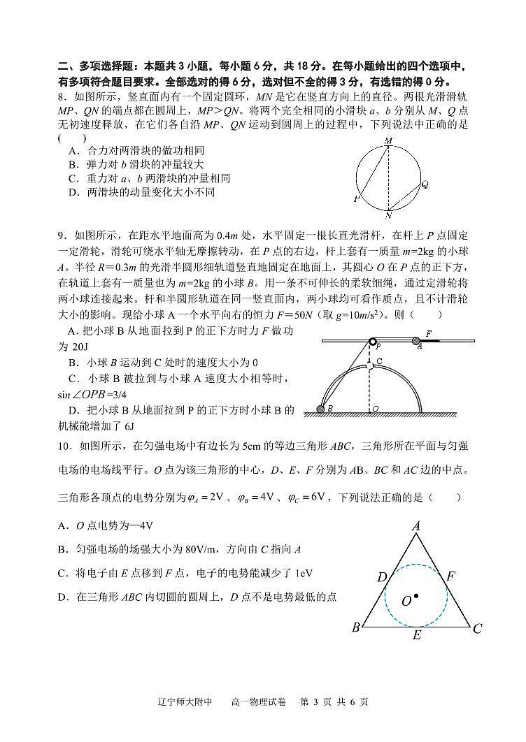 辽宁省大连市辽宁师范大学附属中学2023-2024学年高一下学期6月模块考试物理试卷第3页