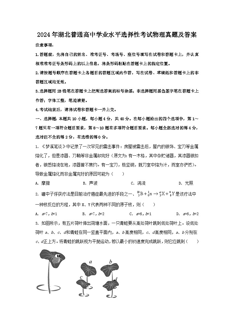 2024年湖北普通高中高考真题学业水平选择性考试物理真题及答案01