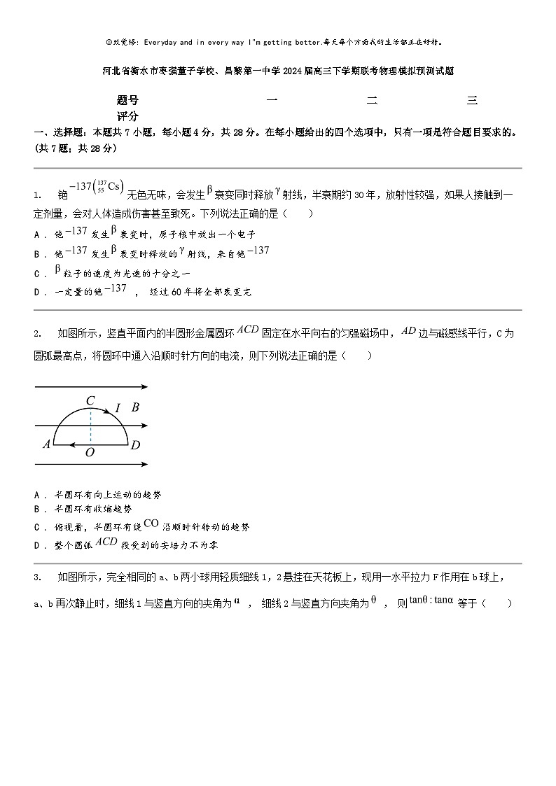 [物理]河北省衡水市枣强董子学校、昌黎第一中学2024届高三下学期联考物理模拟预测试题第1页