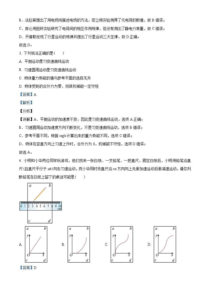 浙江省精诚联盟2022-2023学年高一下学期5月月考物理试题02