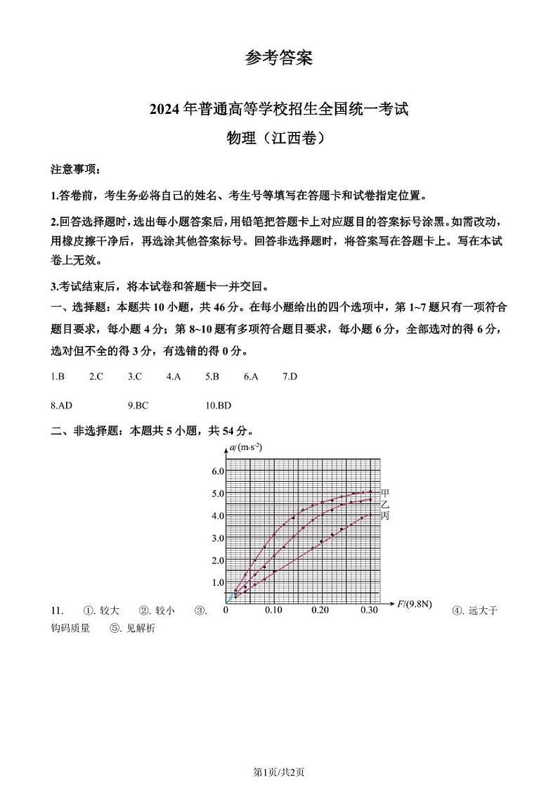 （网络+收集版）2024年新高考江西物理高考真题文档版01