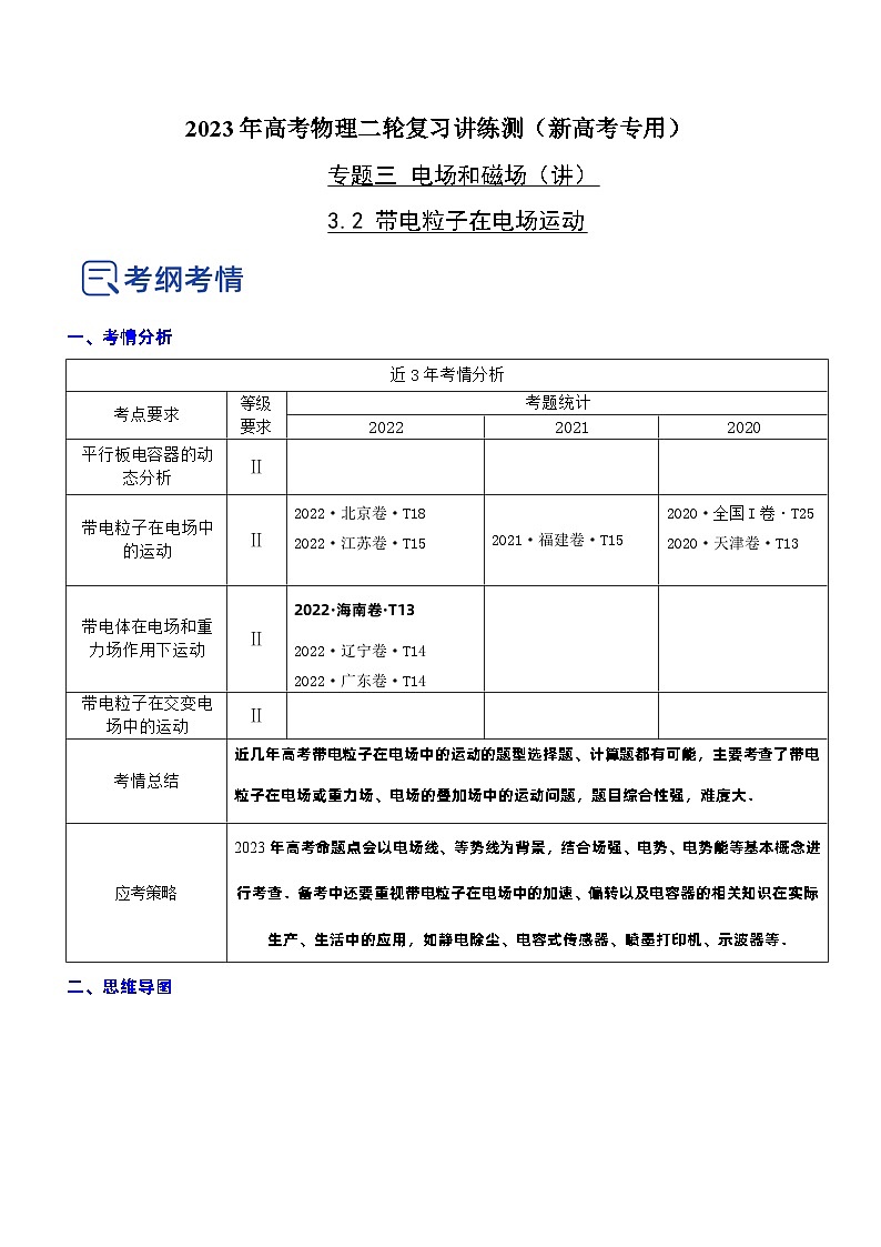 2023年高考物理二轮复习讲练测(新高考专用)专题3.2带电粒子在电场运动(讲)(原卷版+解析)01
