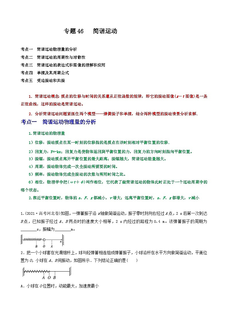 高中物理重难点96讲专题46简谐运动(原卷版+解析)01