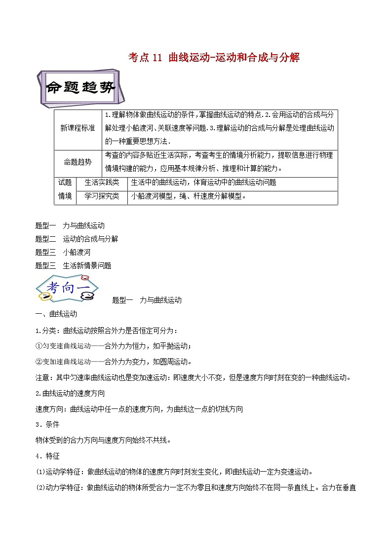 高考物理一轮复习4.1曲线运动-运动和合成与分解-(原卷版+解析)第1页