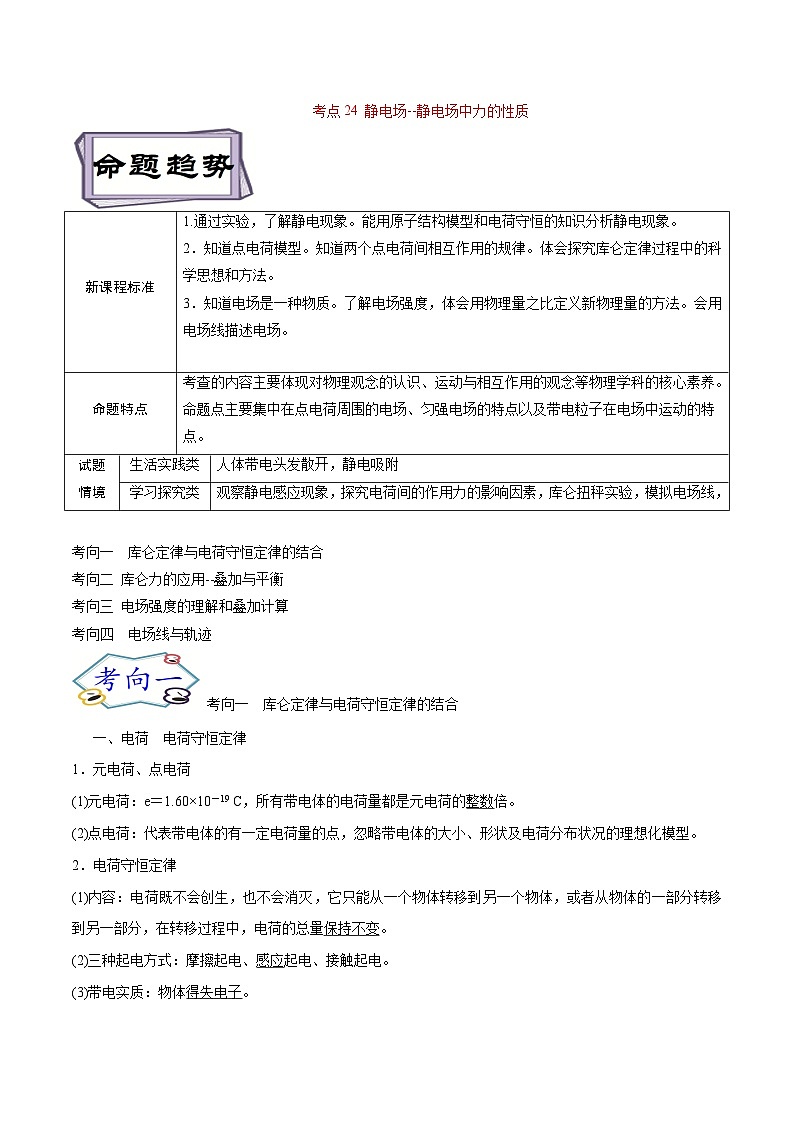 高考物理一轮复习8.1静电场--静电场中力的性质-(原卷版+解析)01