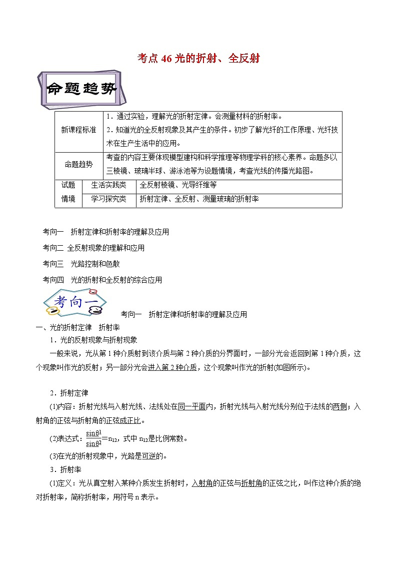 高考物理一轮复习15.1光的折射、全反射备战2023年高考物理一轮复习考点帮(原卷版+解析)01