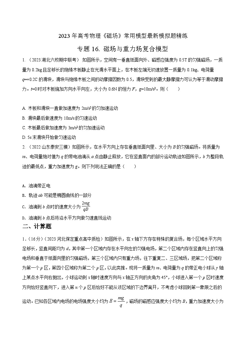 高考物理磁场常用模型最新模拟题精练专题16磁场与重力场复合模型(原卷版+解析)第1页