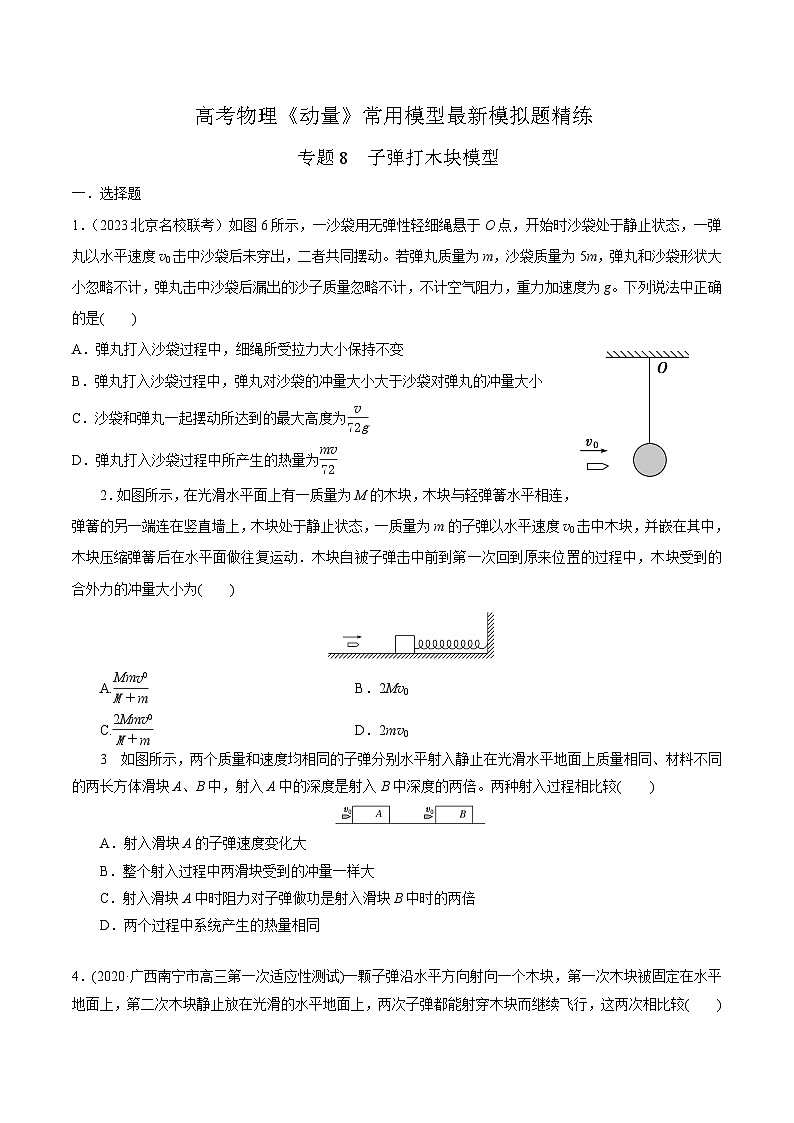 高考物理动量常用模型最新模拟题精练专题8子弹打木块模型(原卷版+解析)01