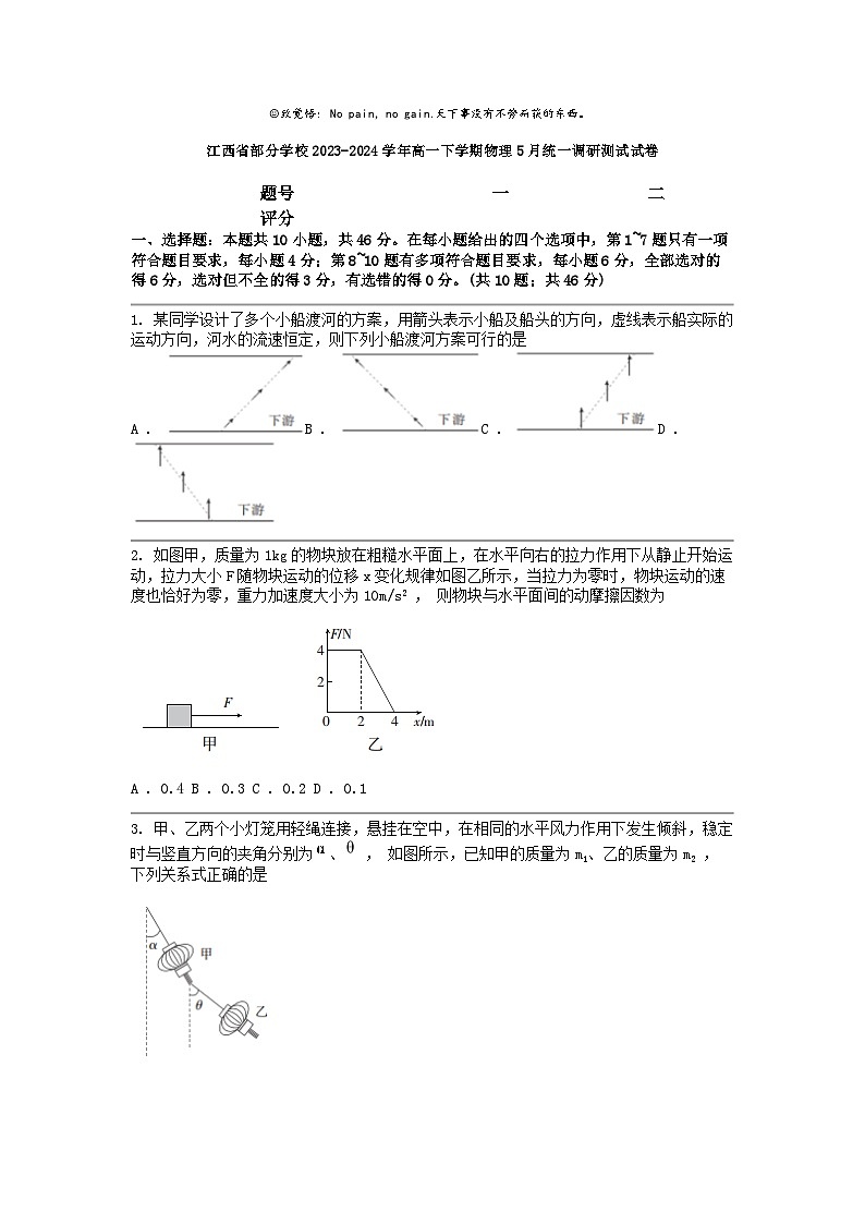 [物理]江西省部分学校2023-2024学年高一下学期5月统一调研测试试卷第1页