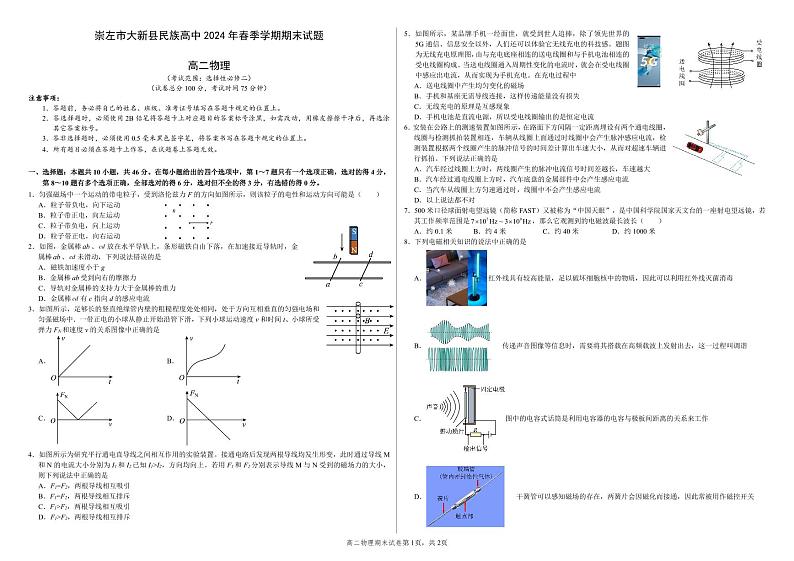 广西崇左市大新县民族高级中学2023-2024学年高二下学期期末考试物理试题01