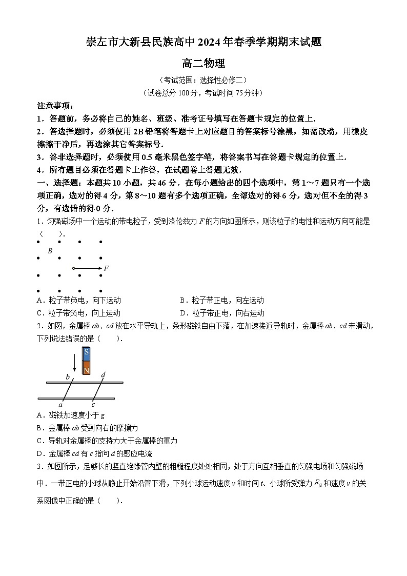 广西崇左市大新县民族高级中学2023-2024学年高二下学期期末考试物理试题01