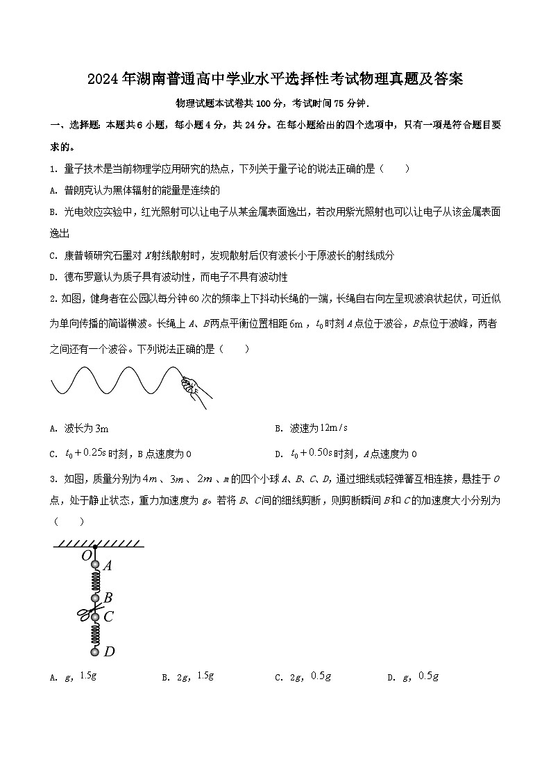 2024年湖南普通高中学业水平选择性考试物理真题及答案01