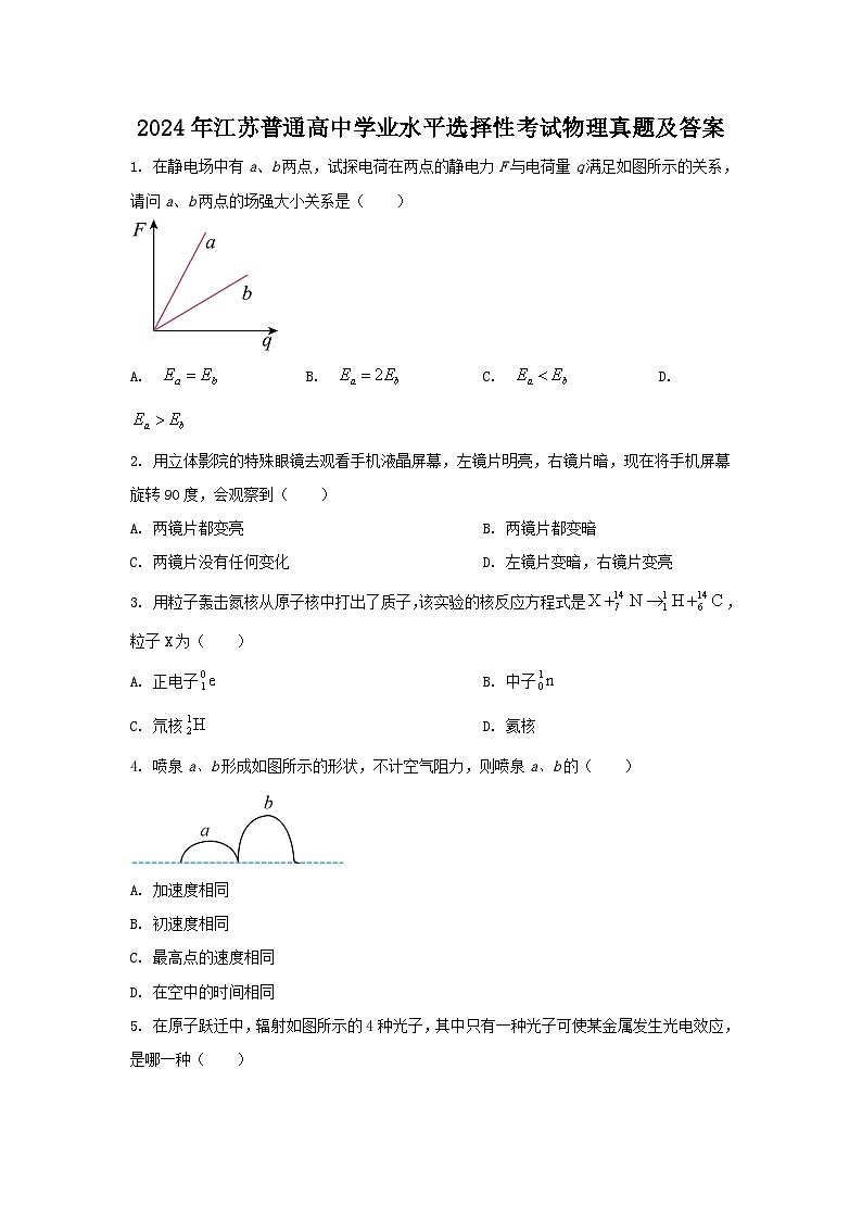 2024年江苏普通高中学业水平选择性考试物理真题及答案01