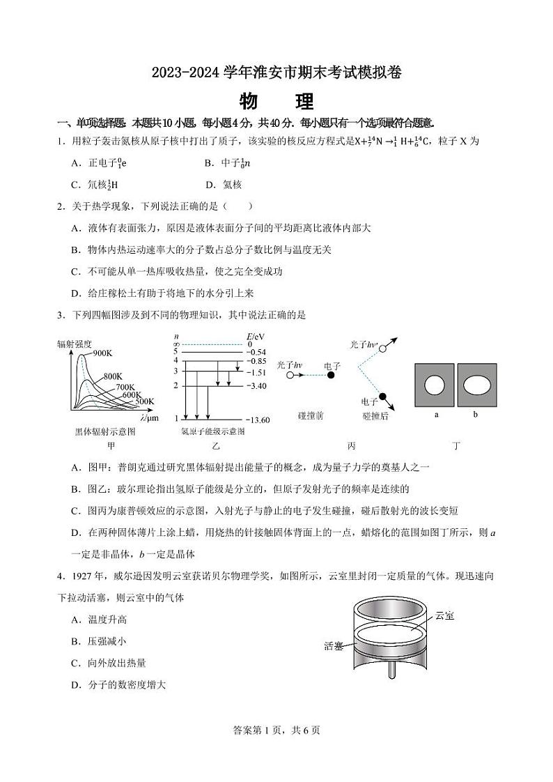 江苏淮安市2024年高二下学期期末考试物理模拟卷（含答案）01