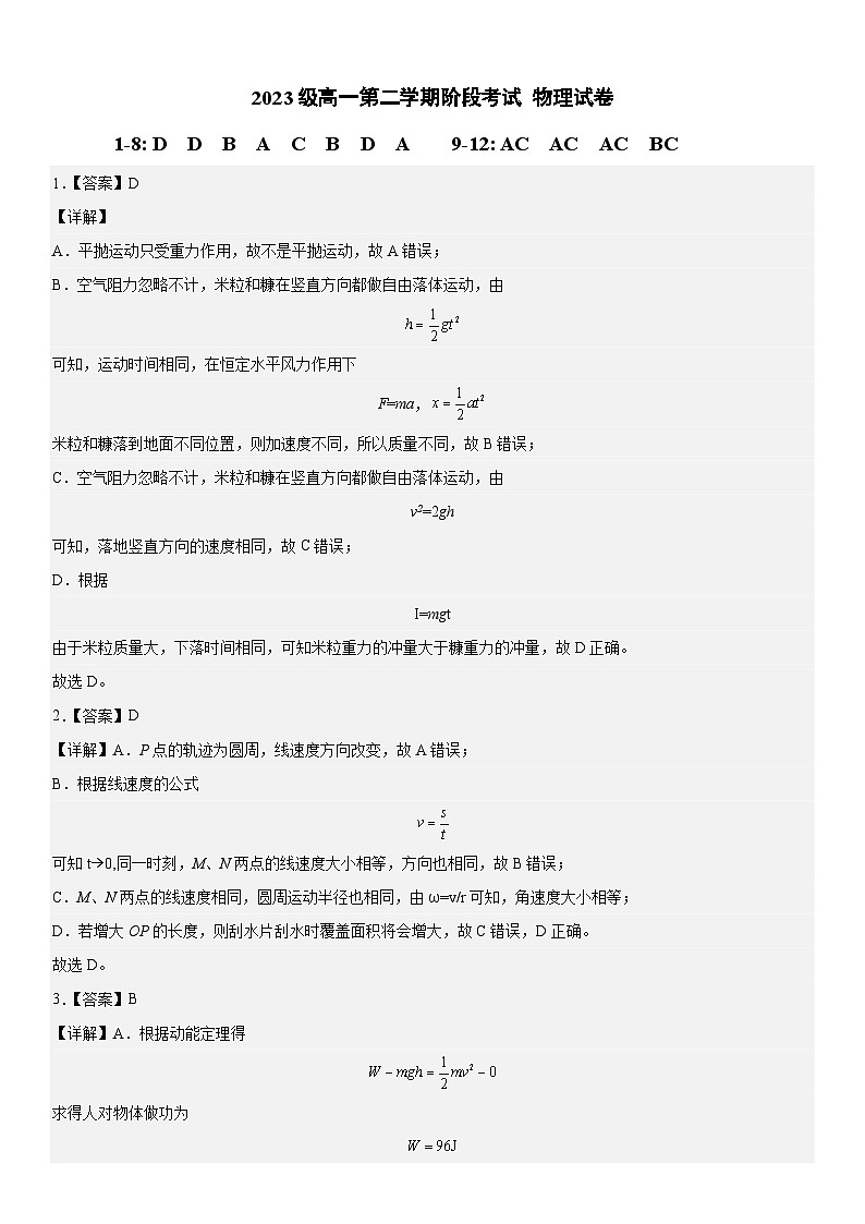 2023级高一第二学期阶段考试 物理试卷-答案第1页
