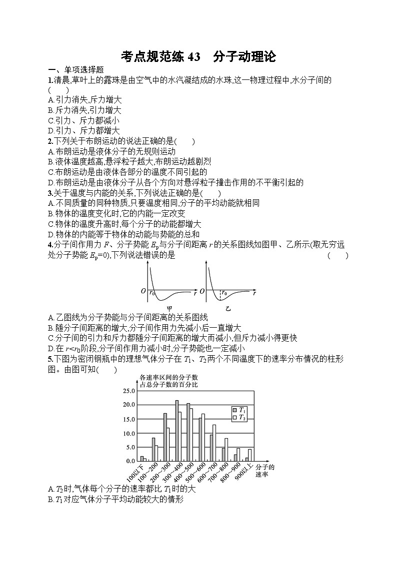 2025届人教新高考高三物理一轮复习考点规范练43分子动理论（Word版附解析）第1页